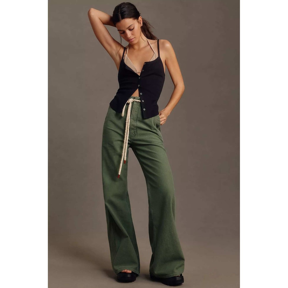 Mother The Major Sneak Roller Wide Leg Pants Roger That Olive Green Size 31 $238